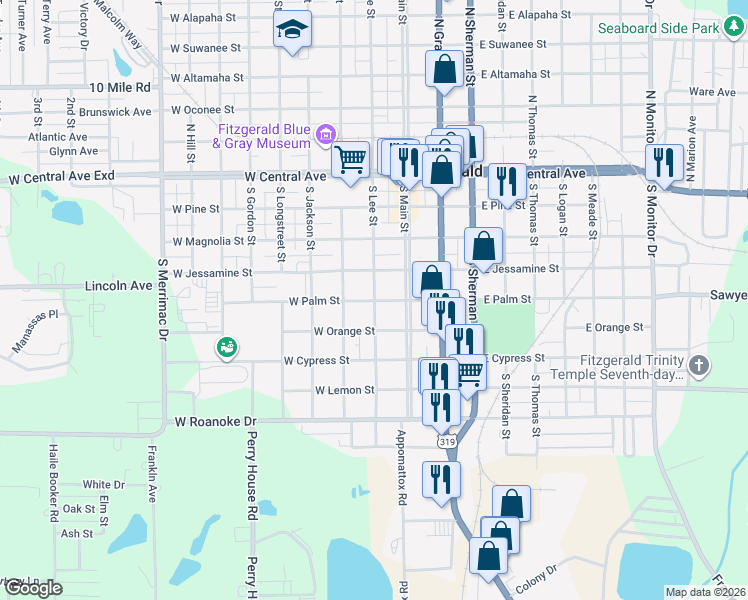 map of restaurants, bars, coffee shops, grocery stores, and more near South Lee Street in Fitzgerald
