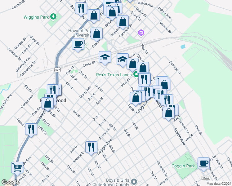 map of restaurants, bars, coffee shops, grocery stores, and more near 1300 Avenue C in Brownwood
