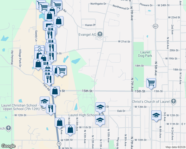 map of restaurants, bars, coffee shops, grocery stores, and more near 1616 Old Bay Springs Road in Laurel