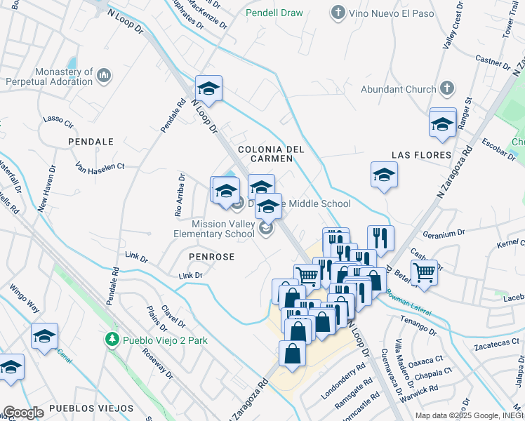 map of restaurants, bars, coffee shops, grocery stores, and more near 8660 North Loop Drive in El Paso