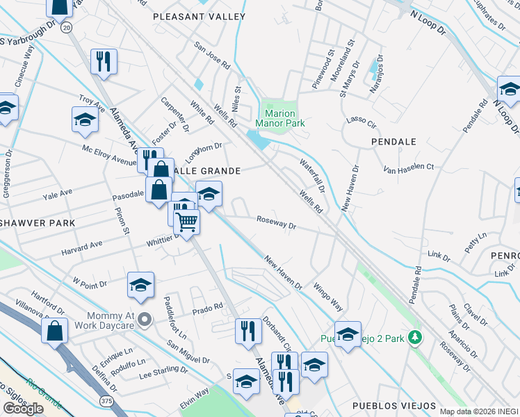 map of restaurants, bars, coffee shops, grocery stores, and more near 8445 Roseway Drive in El Paso