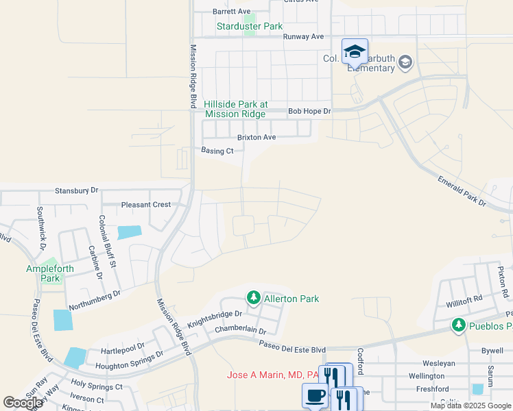 map of restaurants, bars, coffee shops, grocery stores, and more near Mission Ridge Boulevard in El Paso