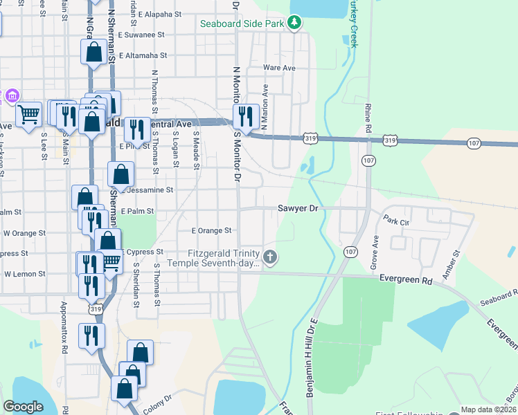 map of restaurants, bars, coffee shops, grocery stores, and more near 133b South Marion Avenue in Fitzgerald