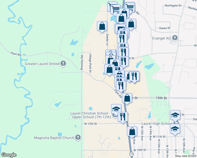 map of restaurants, bars, coffee shops, grocery stores, and more near 62-86 Flynt Rd in Laurel
