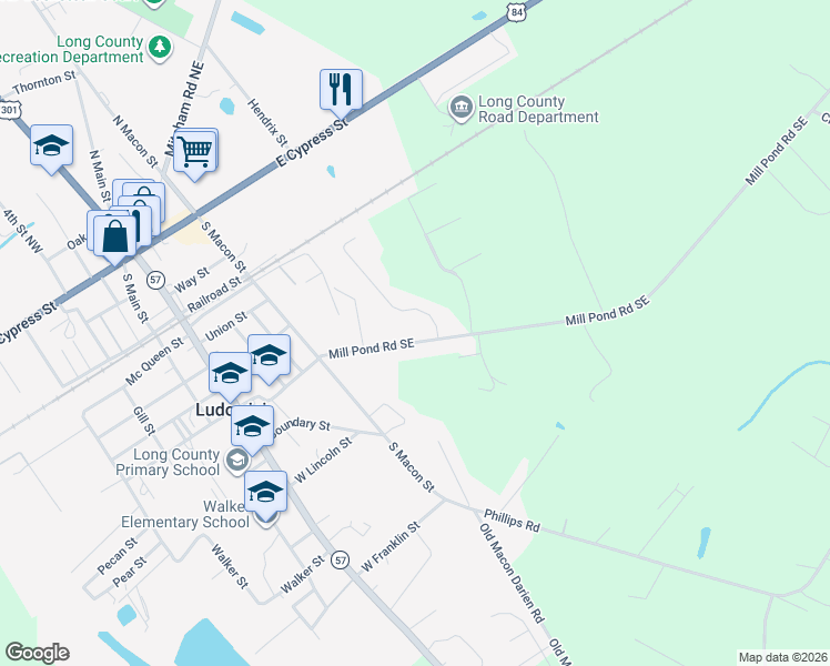 map of restaurants, bars, coffee shops, grocery stores, and more near 250 Mill Pond Road Southeast in Ludowici