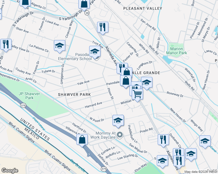 map of restaurants, bars, coffee shops, grocery stores, and more near 8413 Pinon Street in El Paso