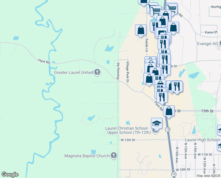 map of restaurants, bars, coffee shops, grocery stores, and more near 13 Tallahoma Drive West in Laurel