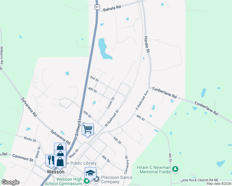 map of restaurants, bars, coffee shops, grocery stores, and more near 1010 Loom Street in Wesson
