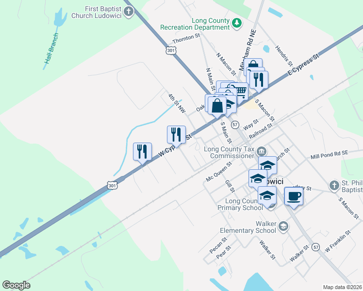 map of restaurants, bars, coffee shops, grocery stores, and more near 50 Factory Street in Ludowici