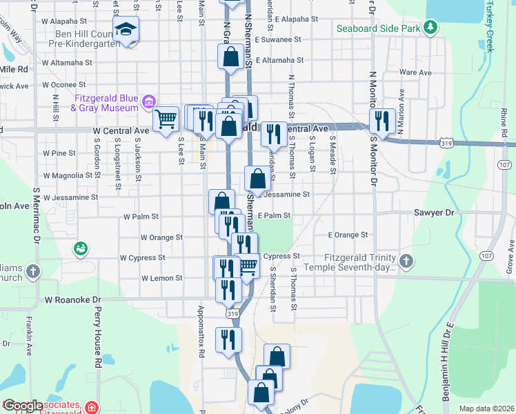 map of restaurants, bars, coffee shops, grocery stores, and more near 410 South Sherman Street in Fitzgerald