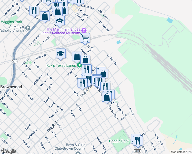 map of restaurants, bars, coffee shops, grocery stores, and more near 1019 Coggin Avenue in Brownwood