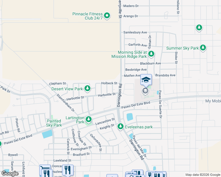 map of restaurants, bars, coffee shops, grocery stores, and more near 13649 Holbeck St. in El Paso