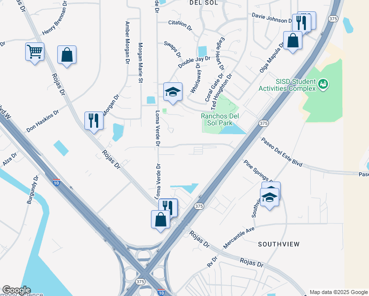 map of restaurants, bars, coffee shops, grocery stores, and more near 1010 Loma Verde Drive in El Paso