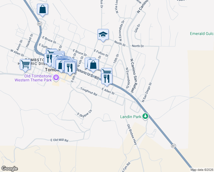 map of restaurants, bars, coffee shops, grocery stores, and more near 1068 East Fremont Street in Tombstone