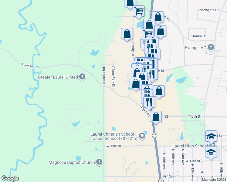 map of restaurants, bars, coffee shops, grocery stores, and more near 86 Flynt Road in Laurel