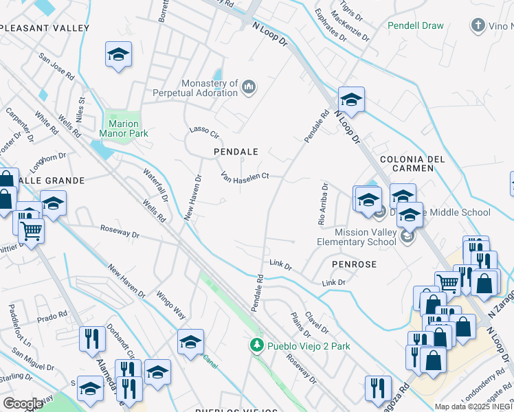 map of restaurants, bars, coffee shops, grocery stores, and more near 381 Pendale Road in El Paso