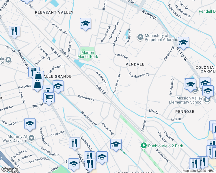 map of restaurants, bars, coffee shops, grocery stores, and more near 351 New Haven Drive in El Paso
