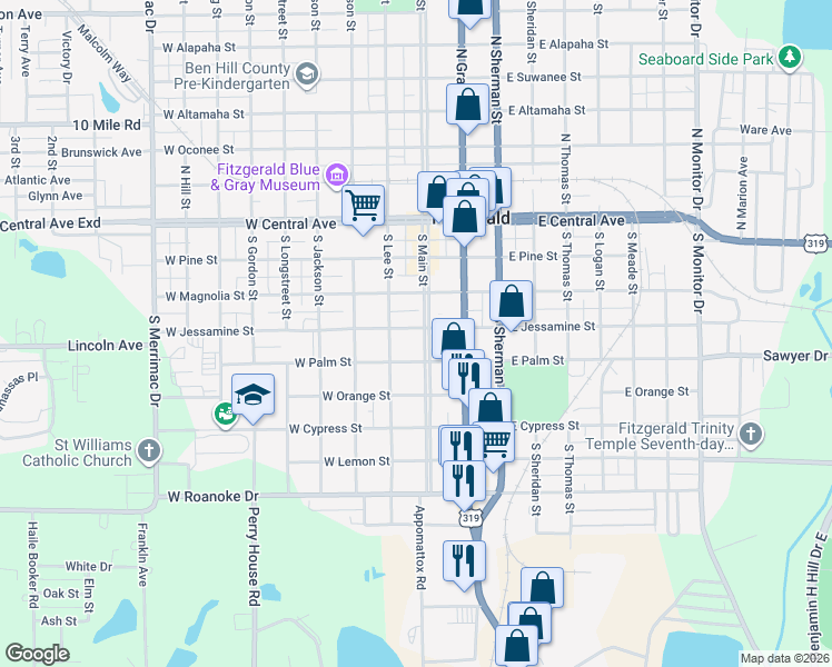 map of restaurants, bars, coffee shops, grocery stores, and more near 327 South Main Street in Fitzgerald