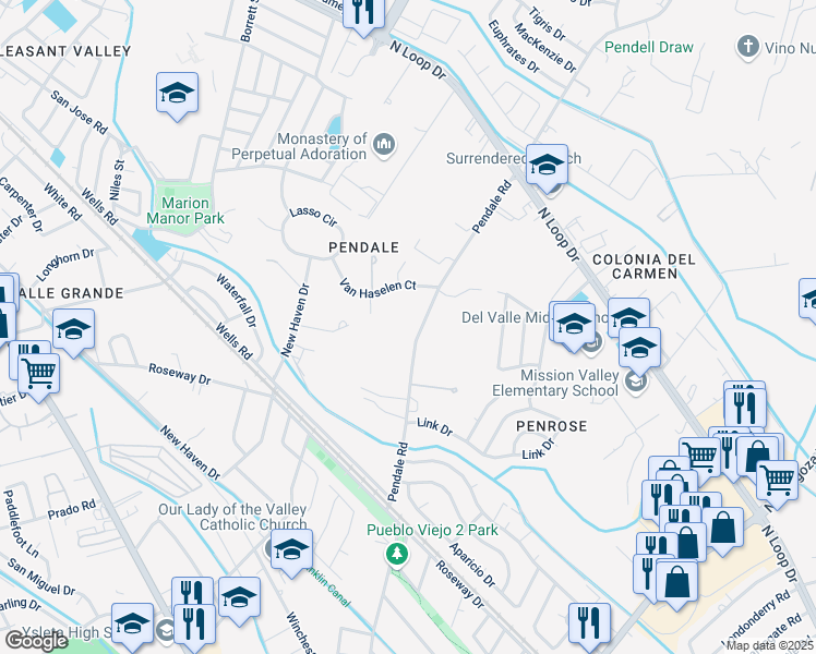 map of restaurants, bars, coffee shops, grocery stores, and more near 385 Pendale Road in El Paso