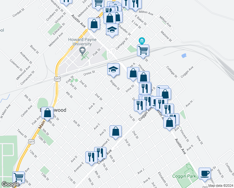 map of restaurants, bars, coffee shops, grocery stores, and more near 1202 Avenue B in Brownwood