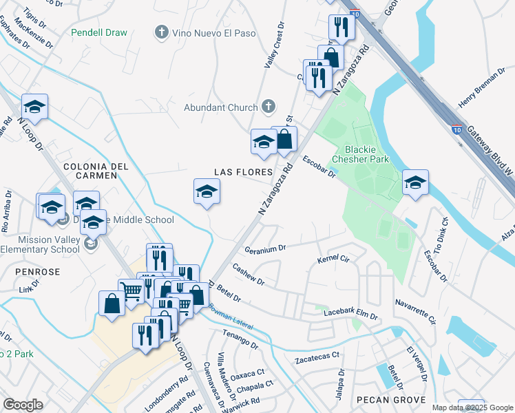 map of restaurants, bars, coffee shops, grocery stores, and more near 1003 North Zaragoza Road in El Paso