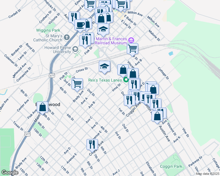 map of restaurants, bars, coffee shops, grocery stores, and more near 1202 Avenue B in Brownwood