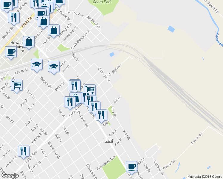 map of restaurants, bars, coffee shops, grocery stores, and more near 1500 Vine Street in Brownwood