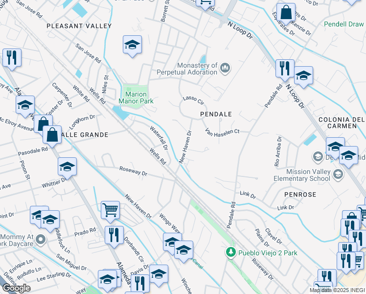 map of restaurants, bars, coffee shops, grocery stores, and more near 351 New Haven Drive in El Paso