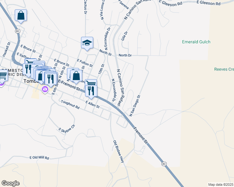 map of restaurants, bars, coffee shops, grocery stores, and more near 114 North Escondida Drive in Tombstone