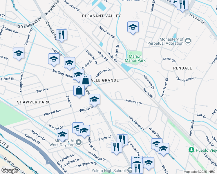 map of restaurants, bars, coffee shops, grocery stores, and more near 216 Smith Road in El Paso
