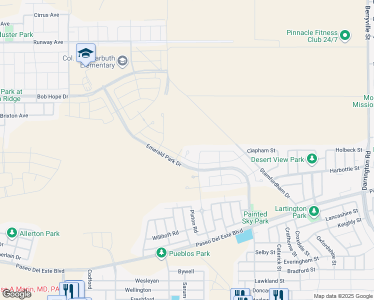 map of restaurants, bars, coffee shops, grocery stores, and more near Palmspring in El Paso