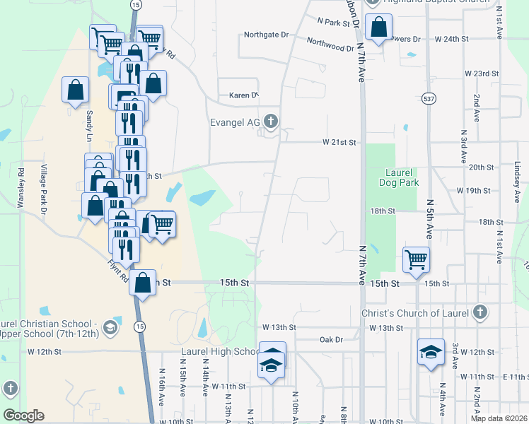 map of restaurants, bars, coffee shops, grocery stores, and more near 1801 Old Bay Springs Road in Laurel