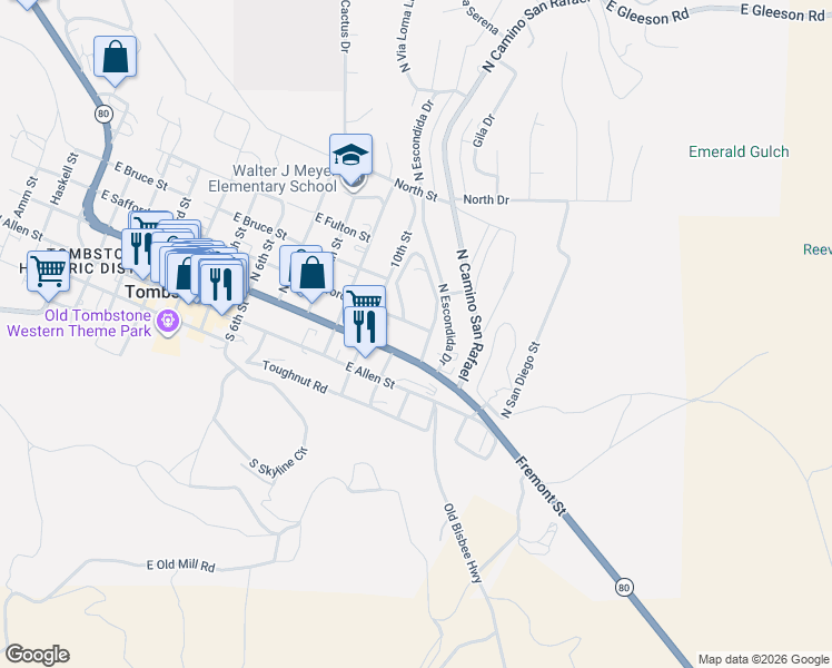 map of restaurants, bars, coffee shops, grocery stores, and more near 1161 East Safford Street in Tombstone