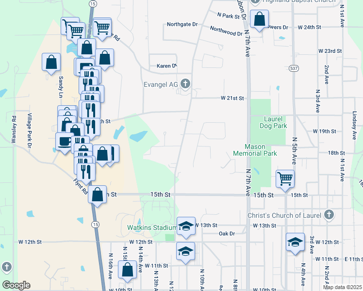 map of restaurants, bars, coffee shops, grocery stores, and more near 1803 Old Bay Springs Road in Laurel