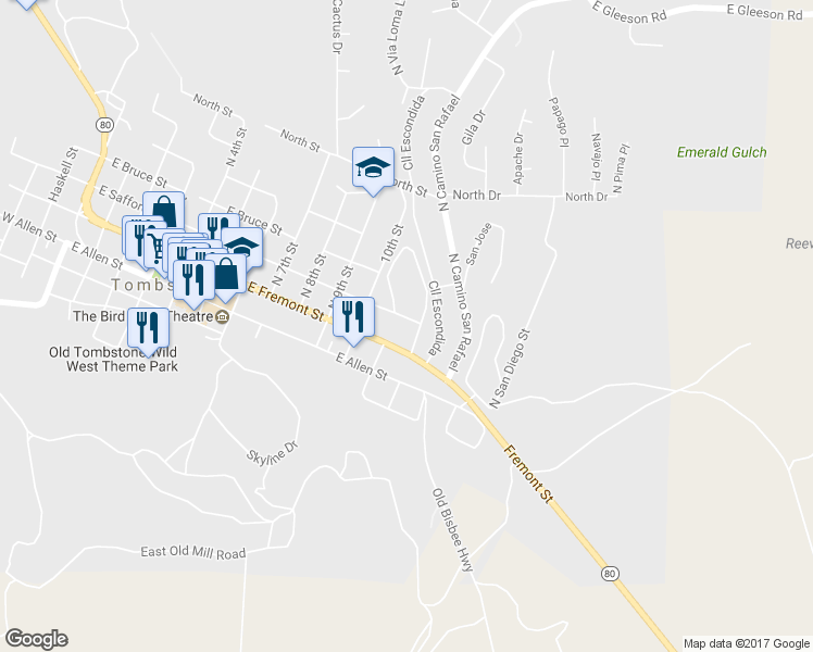map of restaurants, bars, coffee shops, grocery stores, and more near 1161 East Safford Street in Tombstone