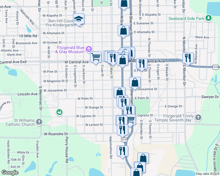 map of restaurants, bars, coffee shops, grocery stores, and more near 327 South Main Street in Fitzgerald