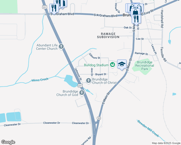map of restaurants, bars, coffee shops, grocery stores, and more near 400 Bryant Street in Brundidge