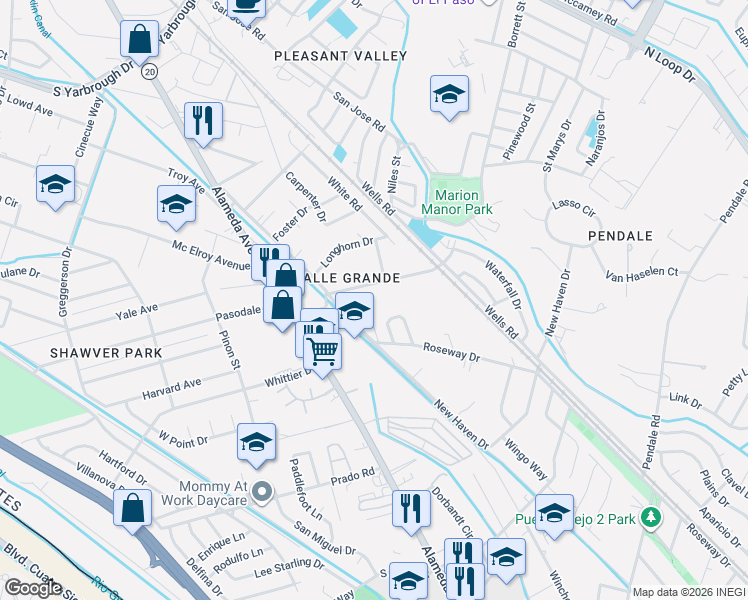 map of restaurants, bars, coffee shops, grocery stores, and more near 216 Smith Road in El Paso