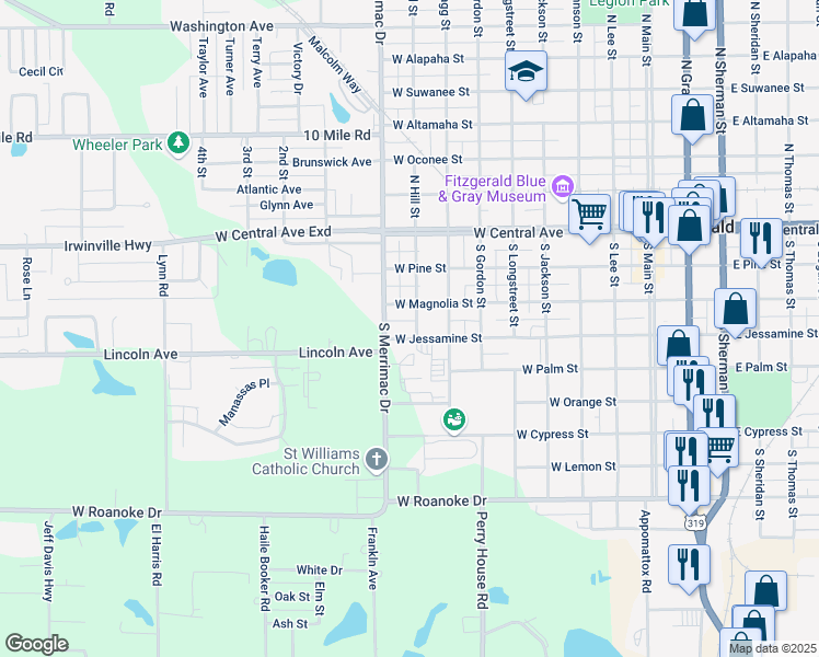map of restaurants, bars, coffee shops, grocery stores, and more near 805 West Jessamine Street in Fitzgerald