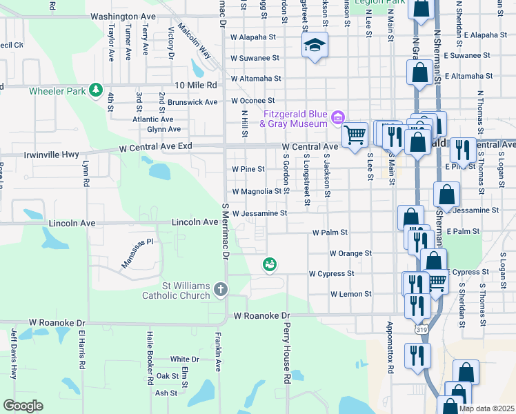 map of restaurants, bars, coffee shops, grocery stores, and more near 805 West Jessamine Street in Fitzgerald