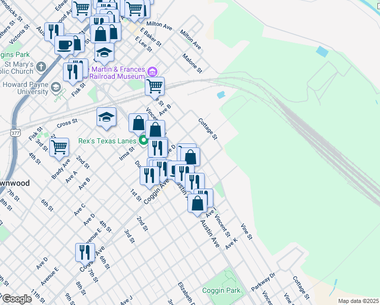 map of restaurants, bars, coffee shops, grocery stores, and more near 711 Coggin Avenue in Brownwood