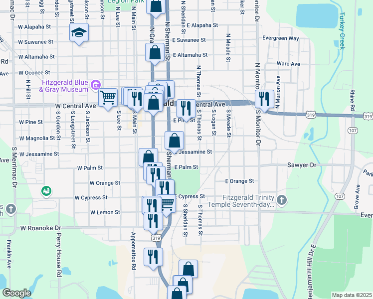 map of restaurants, bars, coffee shops, grocery stores, and more near 402 East Jessamine Street in Fitzgerald