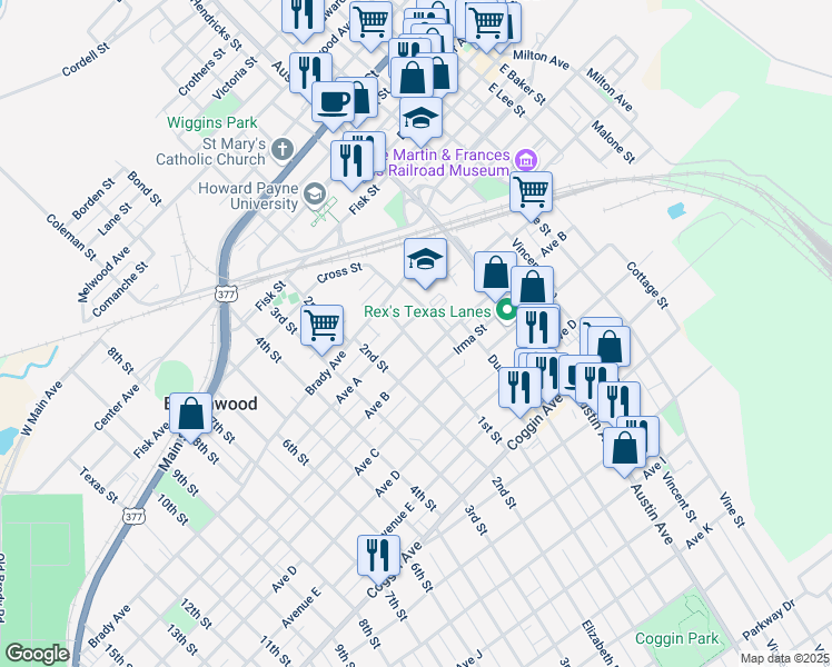 map of restaurants, bars, coffee shops, grocery stores, and more near 904 1st St in Brownwood