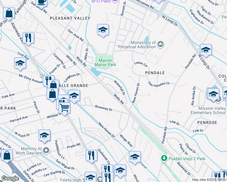 map of restaurants, bars, coffee shops, grocery stores, and more near 8440 Whitewater Lane in El Paso