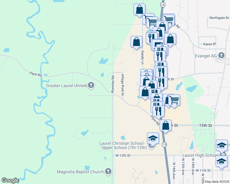 map of restaurants, bars, coffee shops, grocery stores, and more near 88-134 Flynt Road in Laurel