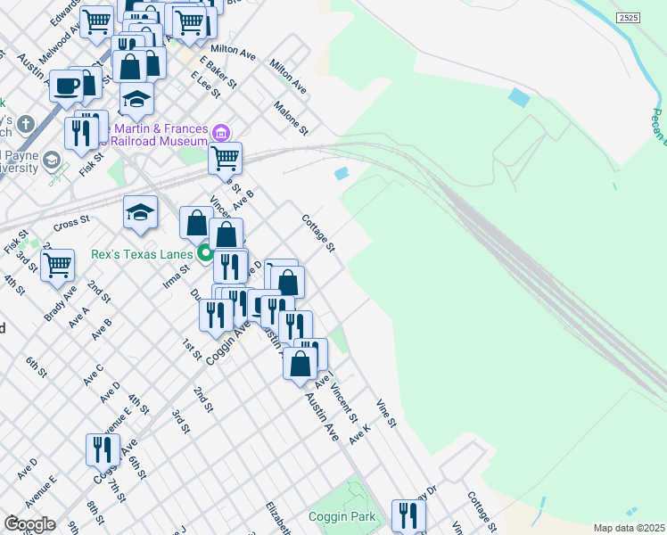 map of restaurants, bars, coffee shops, grocery stores, and more near 1500 Vine Street in Brownwood