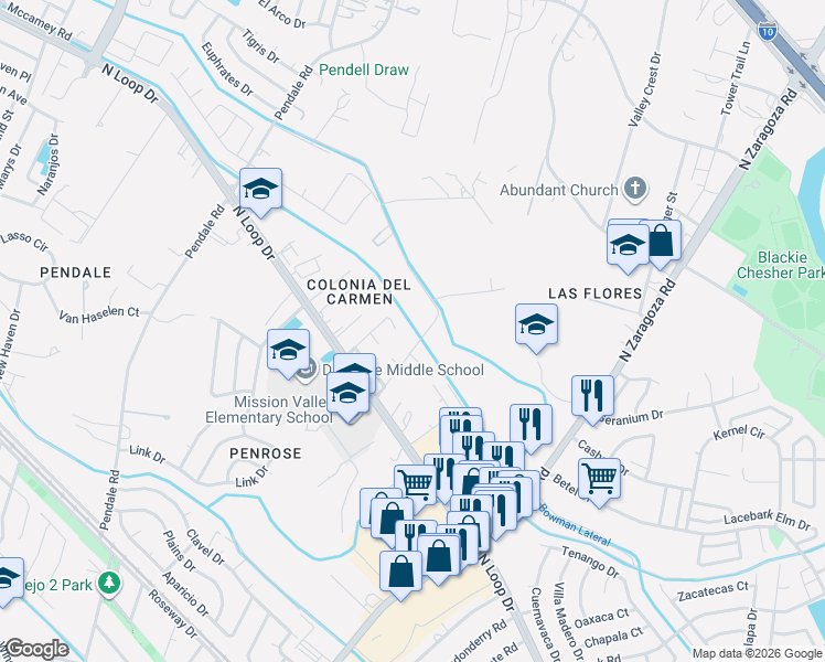 map of restaurants, bars, coffee shops, grocery stores, and more near 531 Holmsley Trail in El Paso