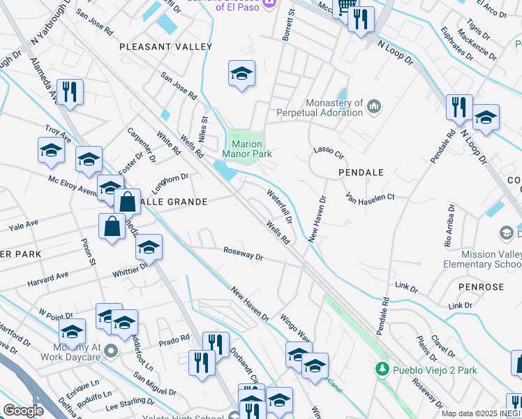 map of restaurants, bars, coffee shops, grocery stores, and more near 8440 Whitewater Lane in El Paso