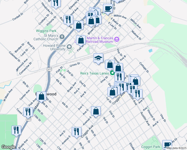 map of restaurants, bars, coffee shops, grocery stores, and more near 904 1st Street in Brownwood