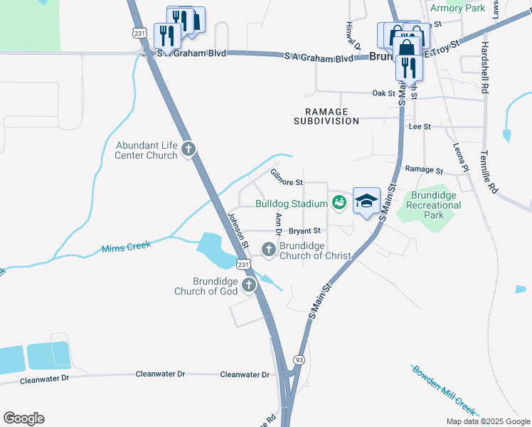 map of restaurants, bars, coffee shops, grocery stores, and more near 400-498 Bryant Street in Brundidge
